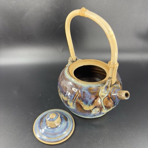 Vintage Pottery Stoneware Teapot Carafe With Wood Handle Drip Glaze Signed Mosia - Picture 11 of 16